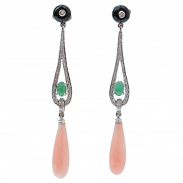 Pendant earrings in platinum, coral, emeralds, onyx, diamonds