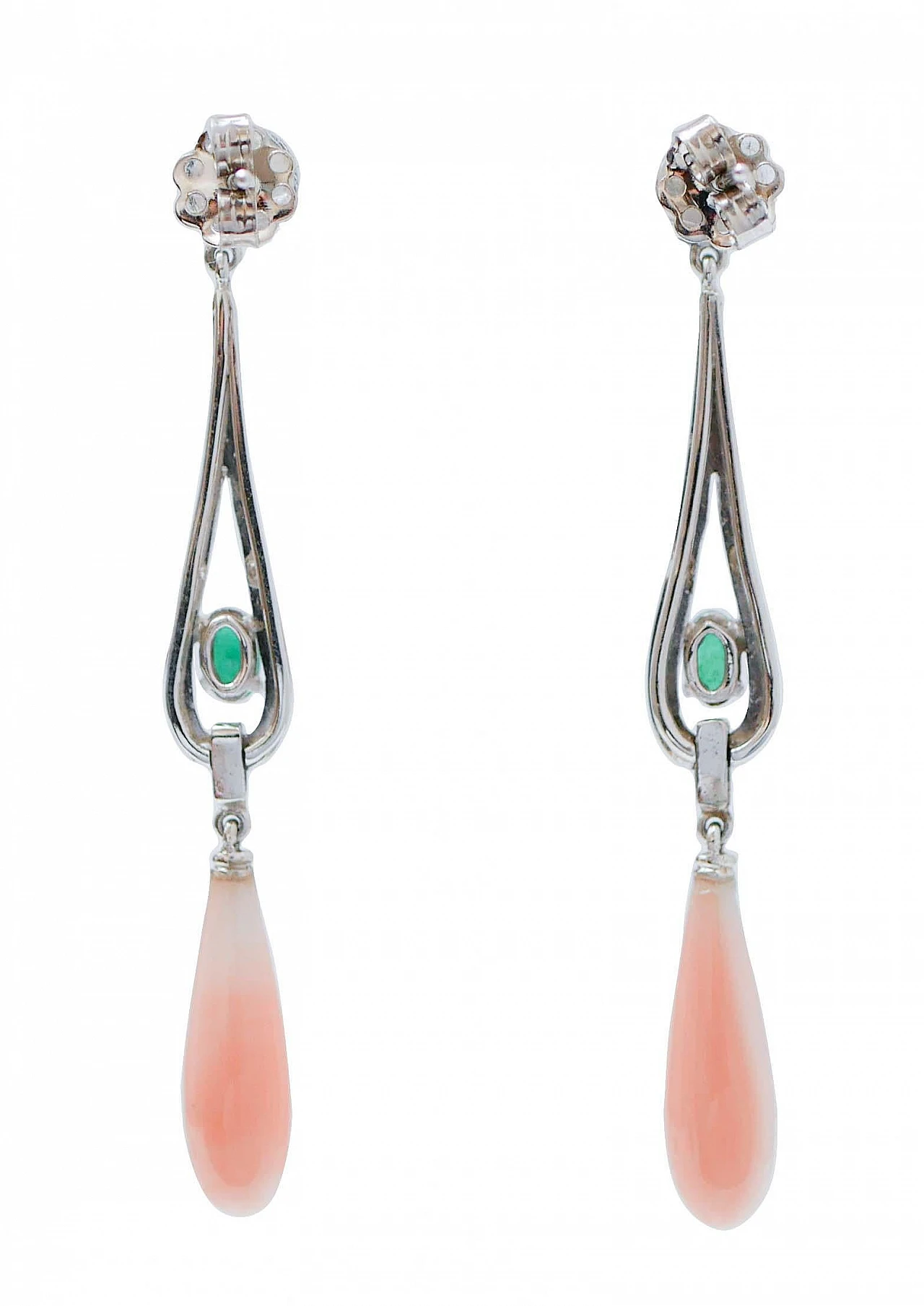 Pendant earrings in platinum, coral, emeralds, onyx, diamonds 3