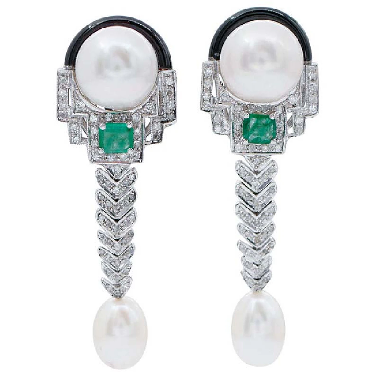 Pendant earrings 14K white gold with diamonds, emeralds, pearls 1