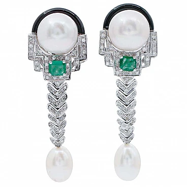 Pendant earrings 14K white gold with diamonds, emeralds, pearls