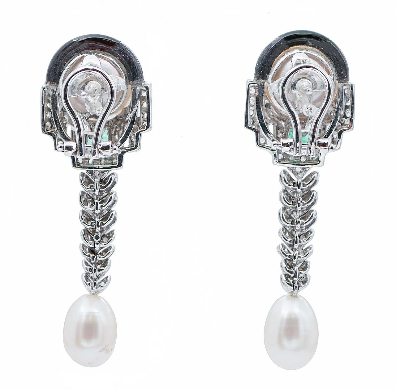 Pendant earrings 14K white gold with diamonds, emeralds, pearls 3