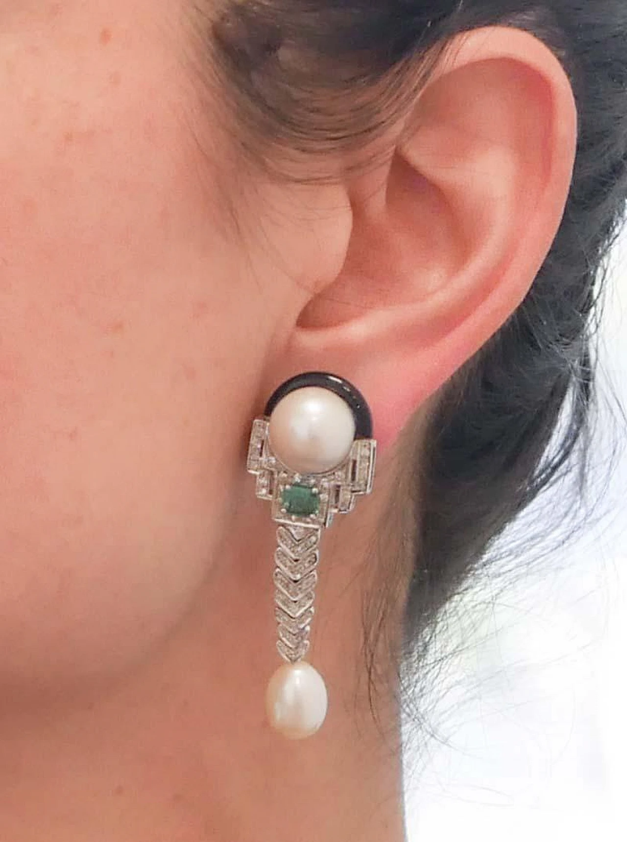 Pendant earrings 14K white gold with diamonds, emeralds, pearls 5