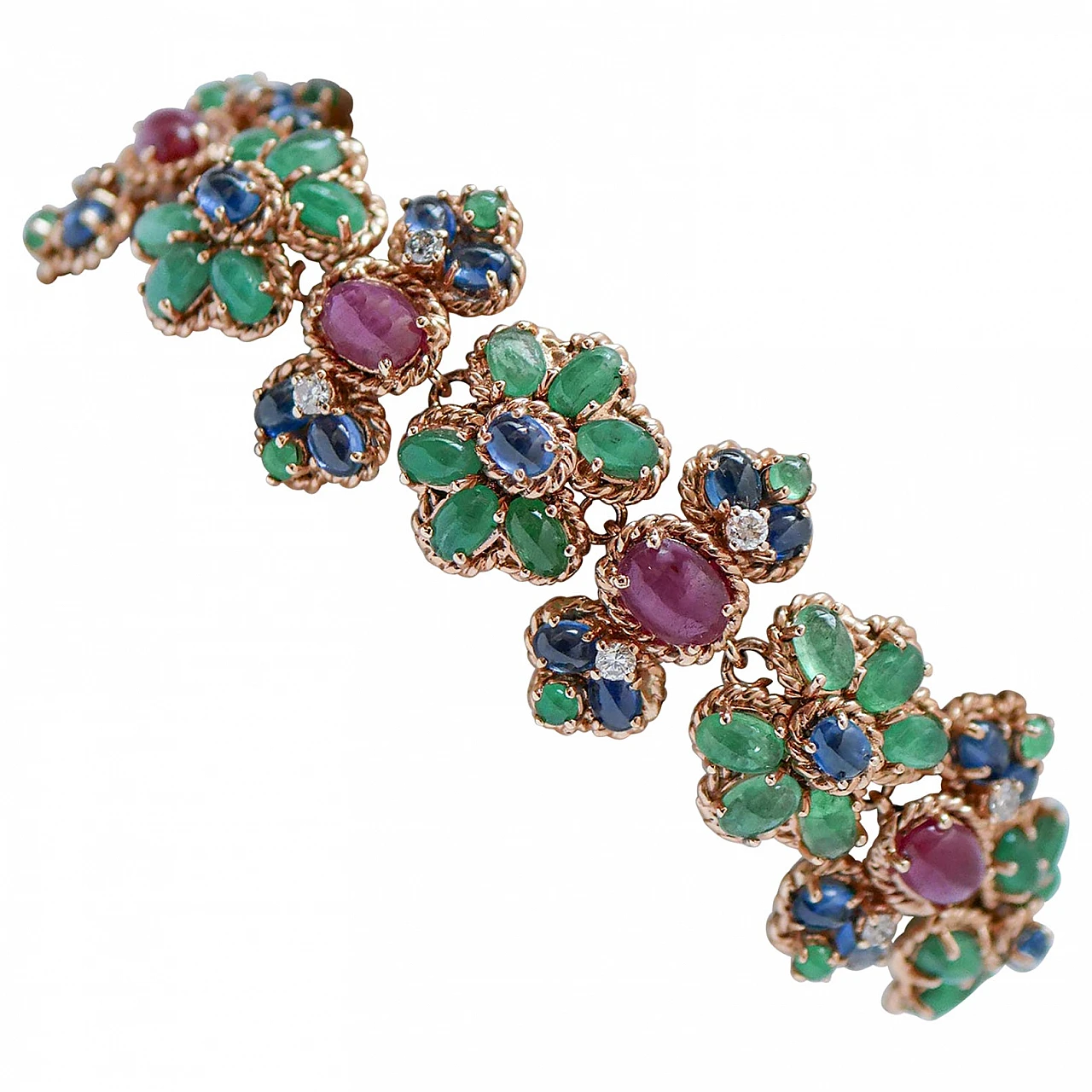 14K pink gold chain bracelet, emeralds, rubies, diamonds and sapphires 1