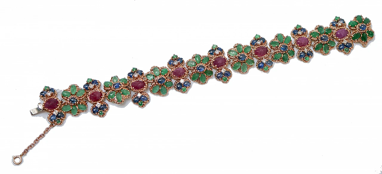 14K pink gold chain bracelet, emeralds, rubies, diamonds and sapphires 2