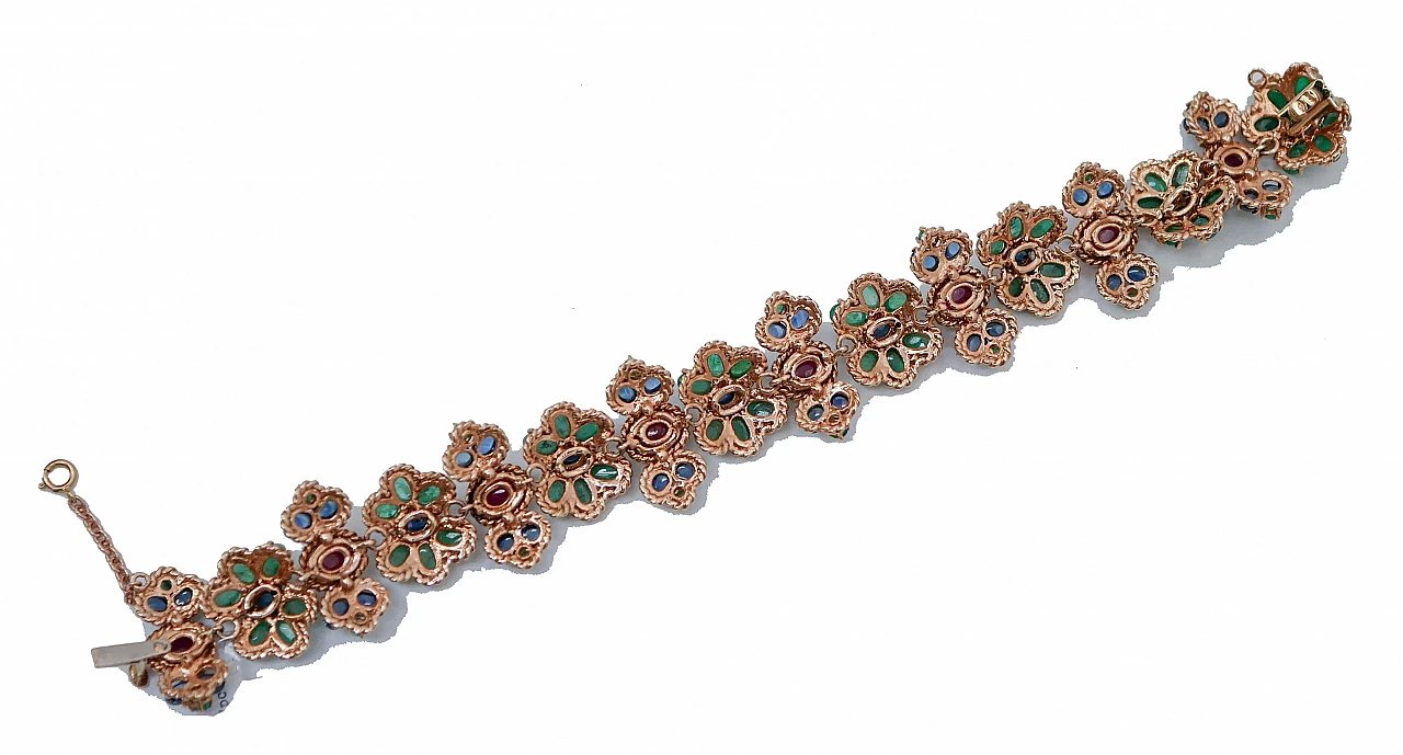 14K pink gold chain bracelet, emeralds, rubies, diamonds and sapphires 3