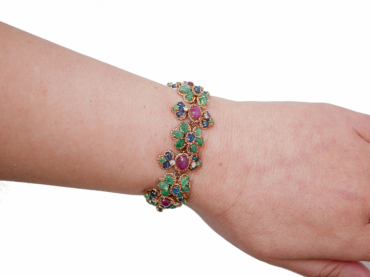 14K pink gold chain bracelet, emeralds, rubies, diamonds and sapphires 4