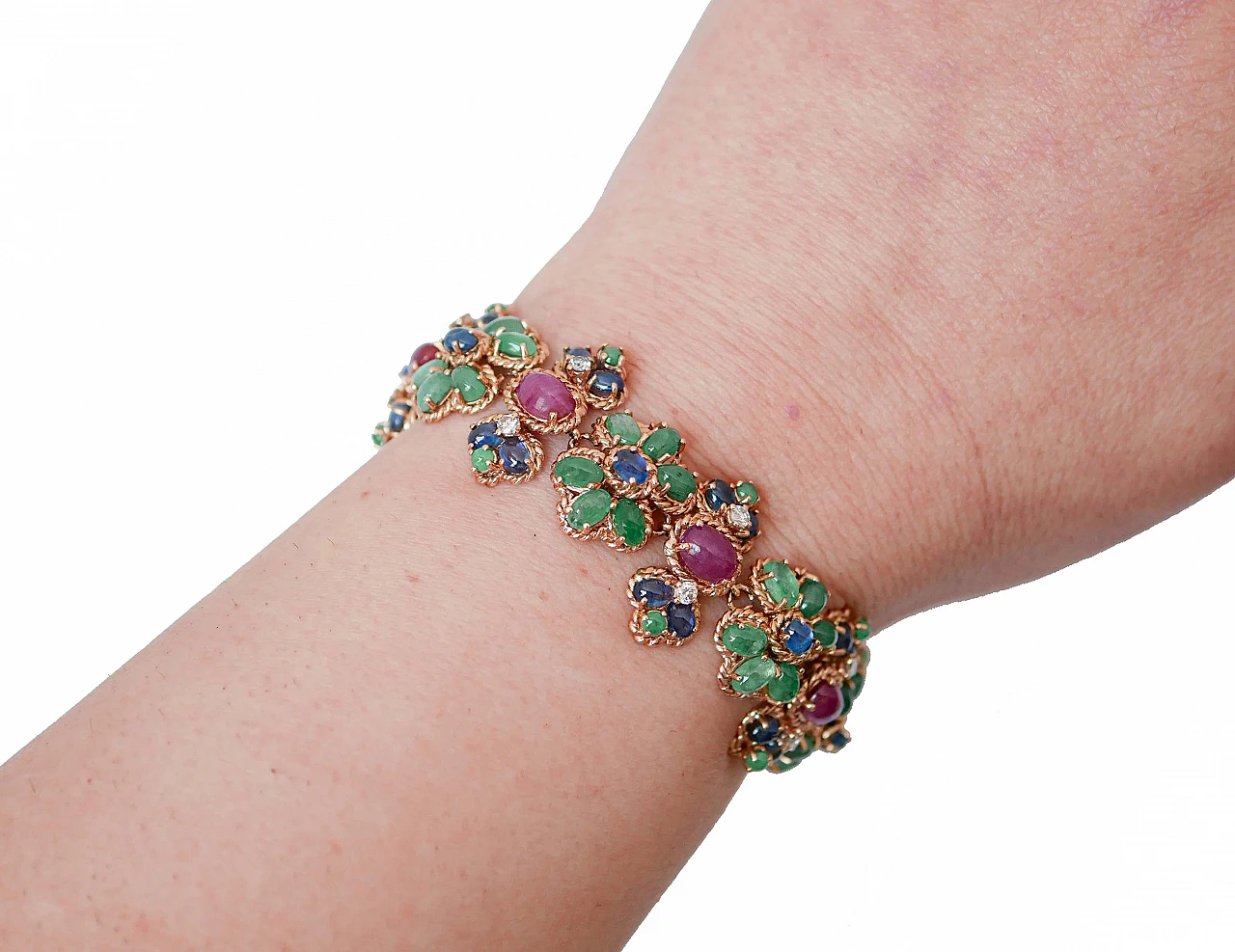 14K pink gold chain bracelet, emeralds, rubies, diamonds and sapphires 5