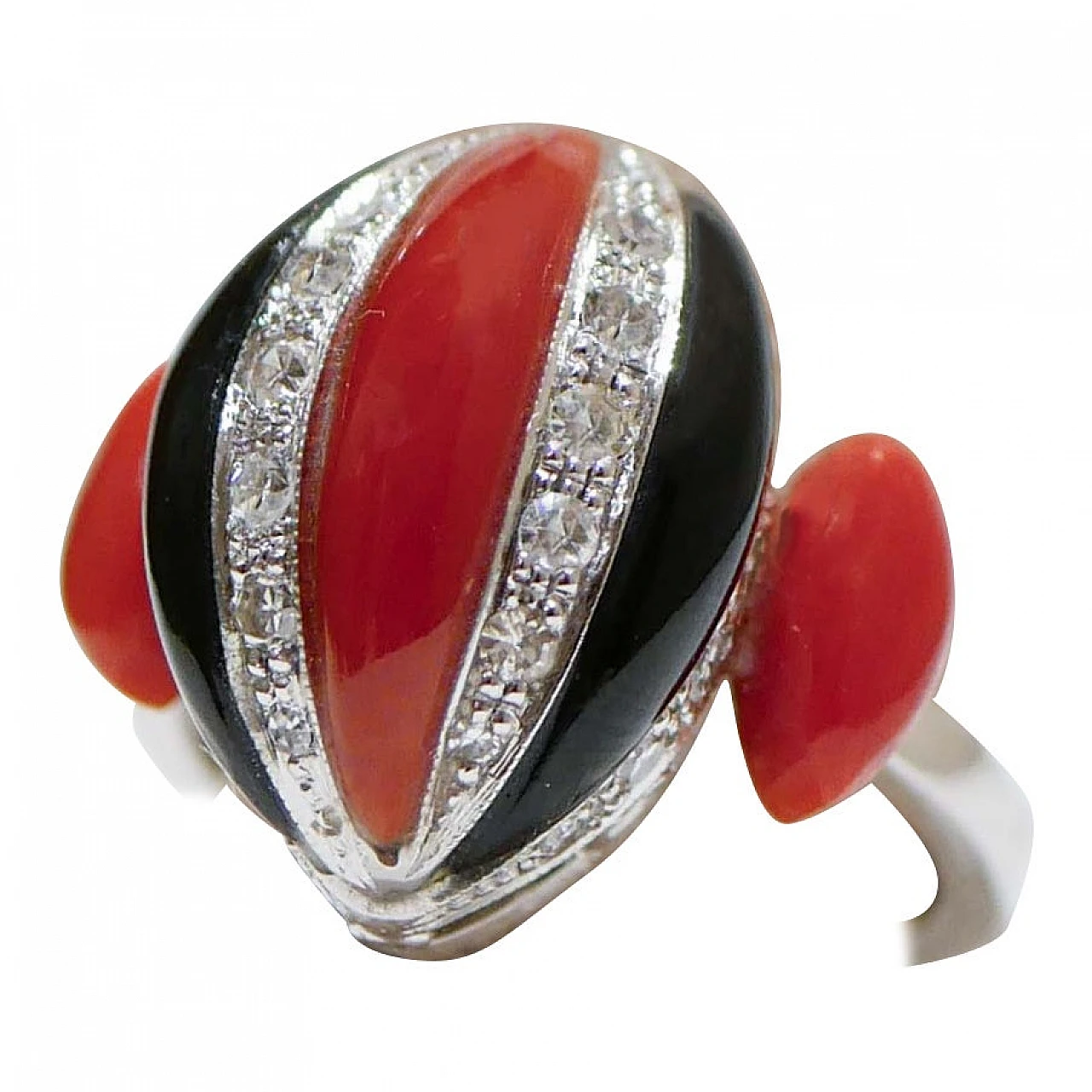 Platinum ring with coral, onyx and diamonds, 1960s 1