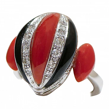 Platinum ring with coral, onyx and diamonds, 1960s