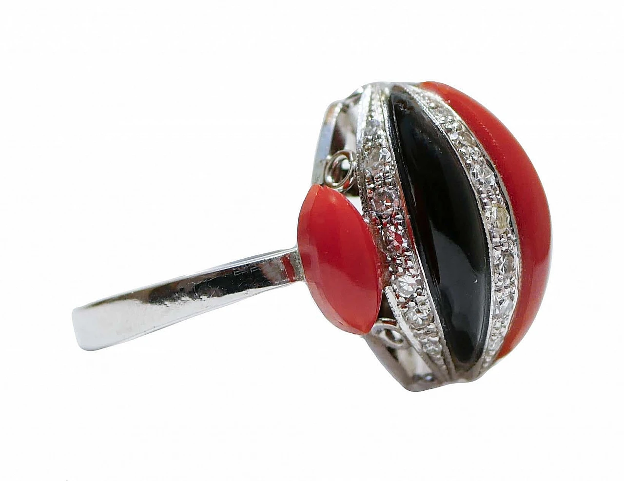 Platinum ring with coral, onyx and diamonds, 1960s 2