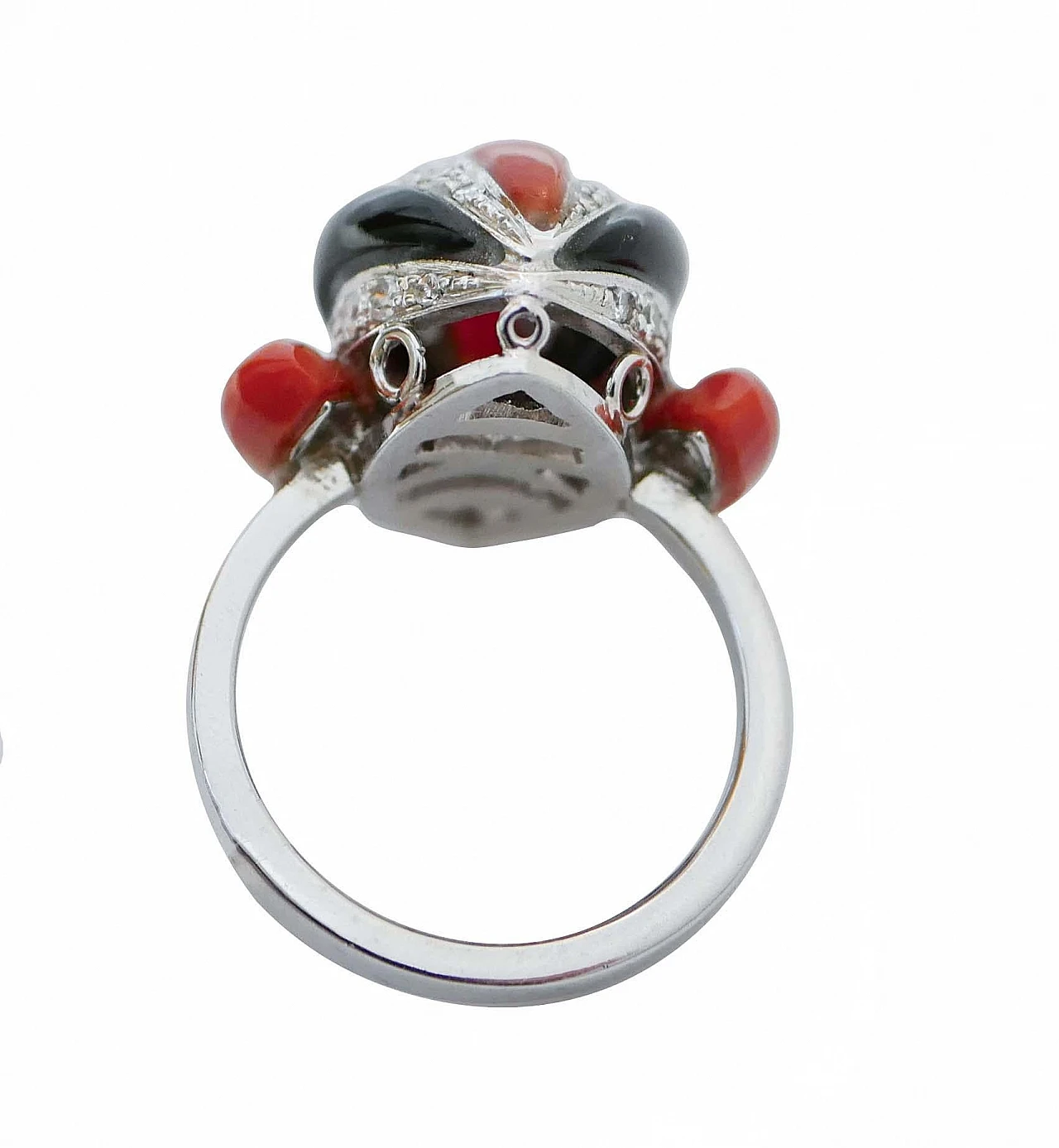 Platinum ring with coral, onyx and diamonds, 1960s 3