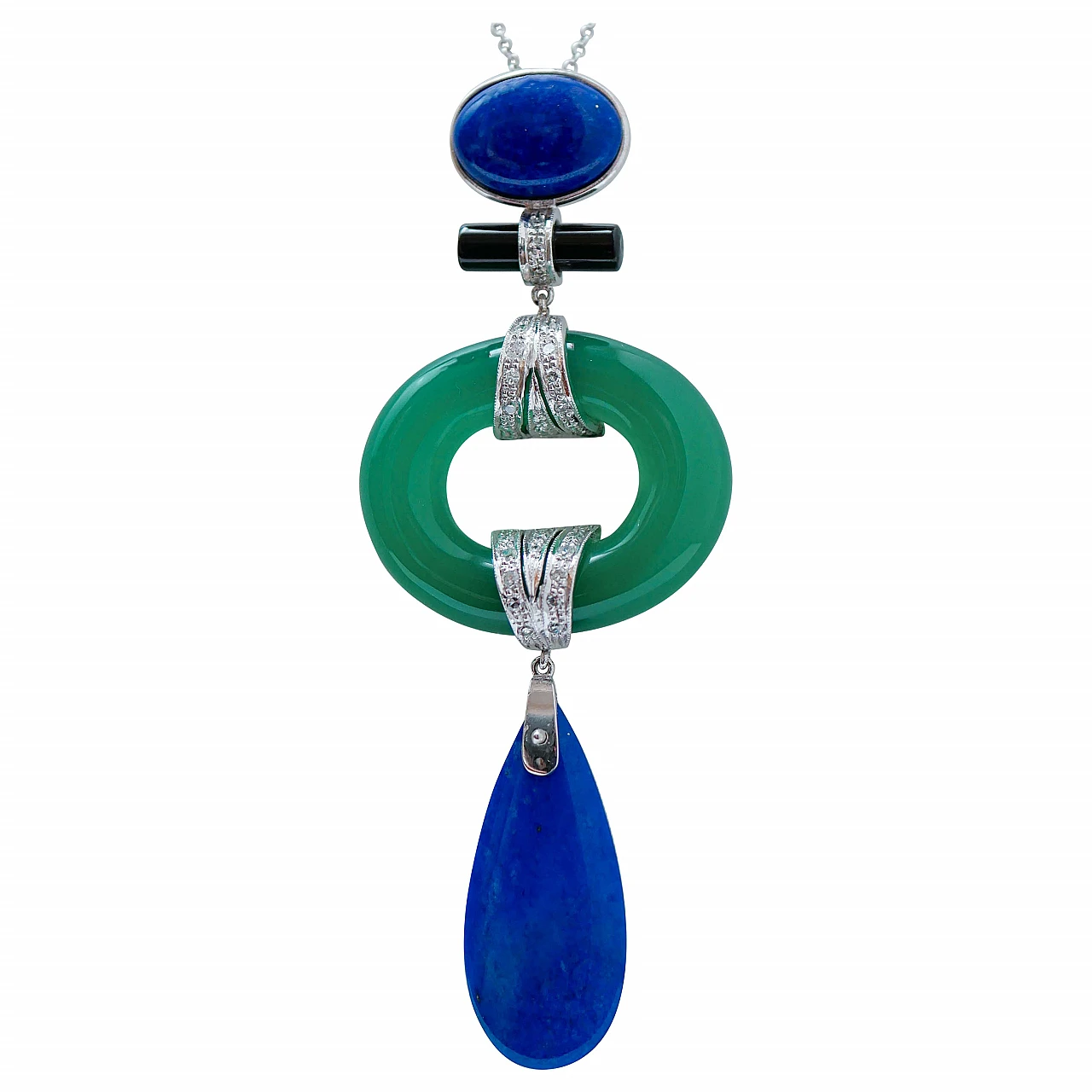 Necklace with green agate, lapis, onyx, diamonds and platinum pendant 1