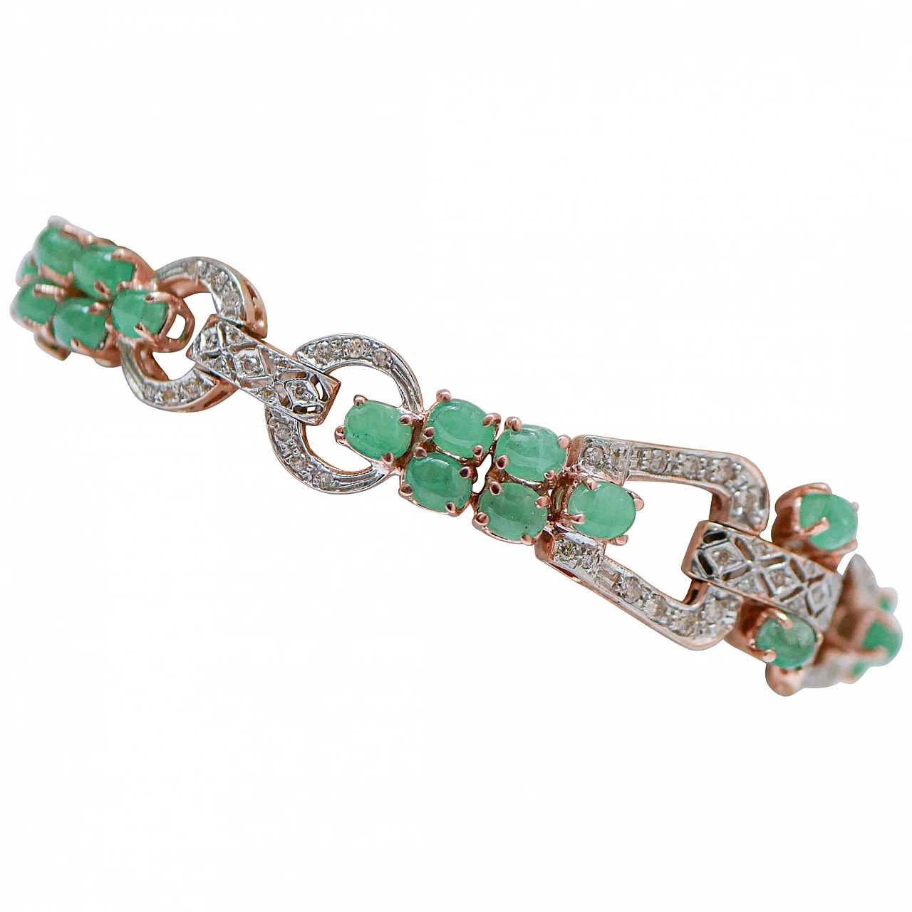 Rose gold and silver bracelet with emeralds and diamonds, 1980s 1