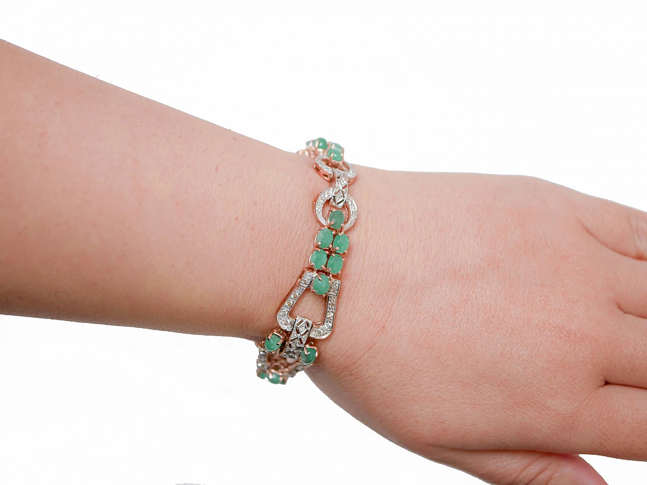 Rose gold and silver bracelet with emeralds and diamonds, 1980s 4