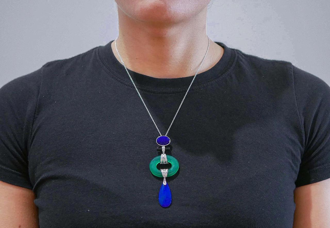 Necklace with green agate, lapis, onyx, diamonds and platinum pendant 5