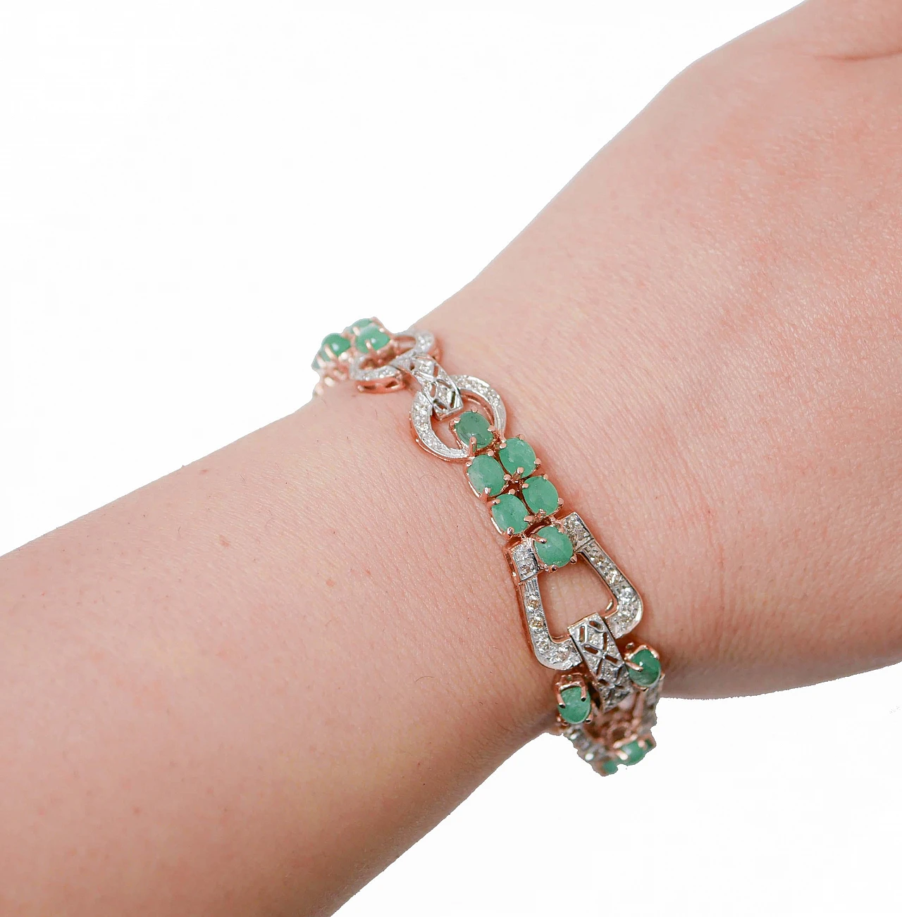 Rose gold and silver bracelet with emeralds and diamonds, 1980s 5