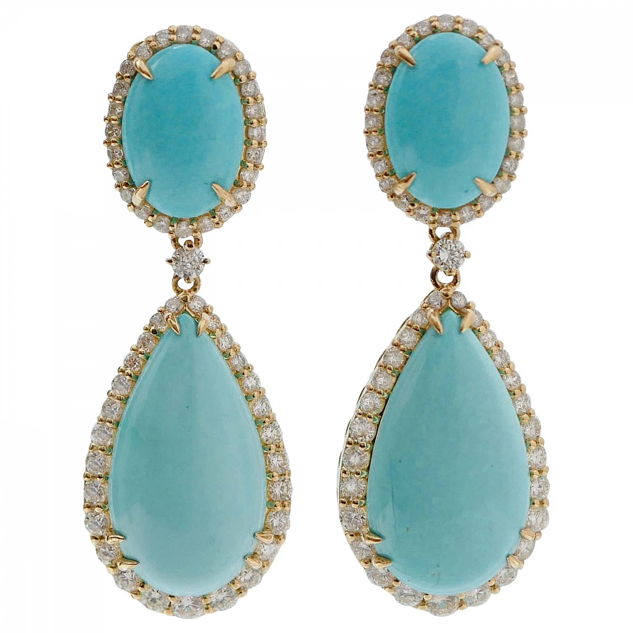 18K yellow gold earrings with turquoise and diamonds, 1970s 1