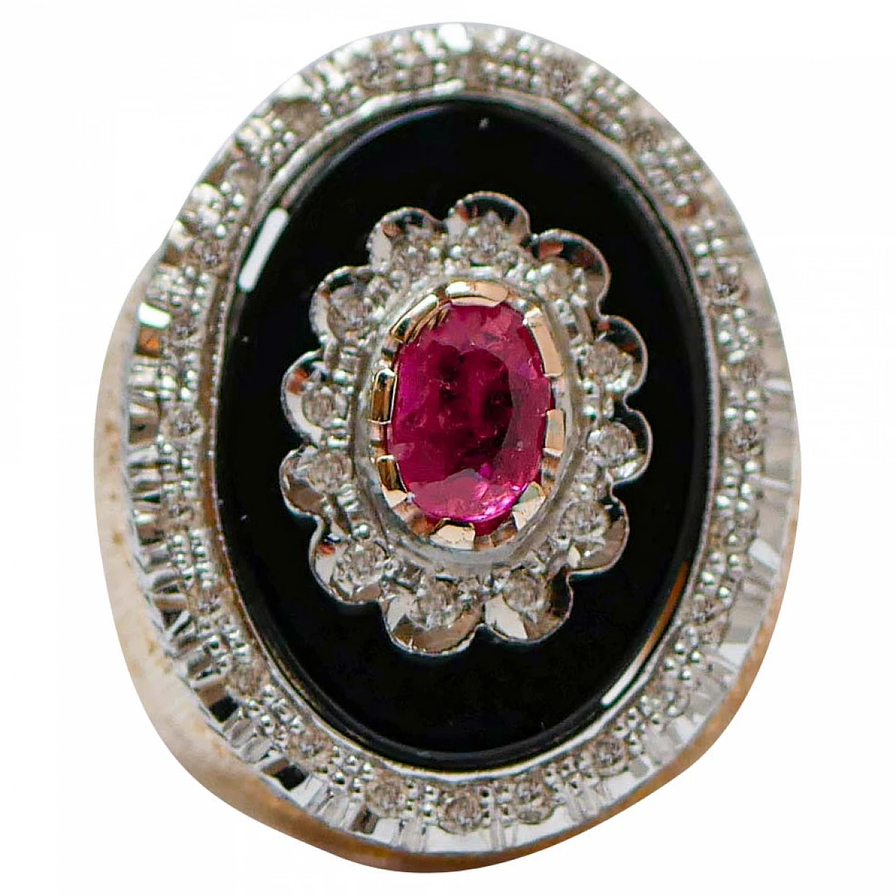 Retro ring with ruby, onyx, diamonds and pink gold, 1970s 1