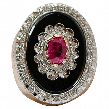 Retro ring with ruby, onyx, diamonds and pink gold, 1970s