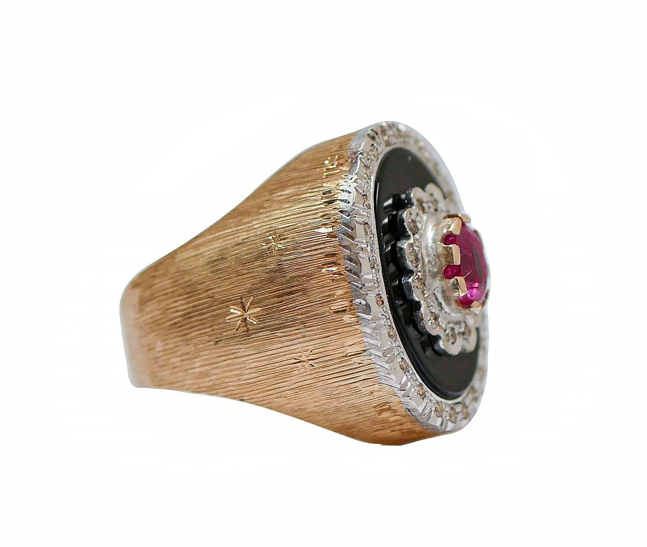 Retro ring with ruby, onyx, diamonds and pink gold, 1970s 2