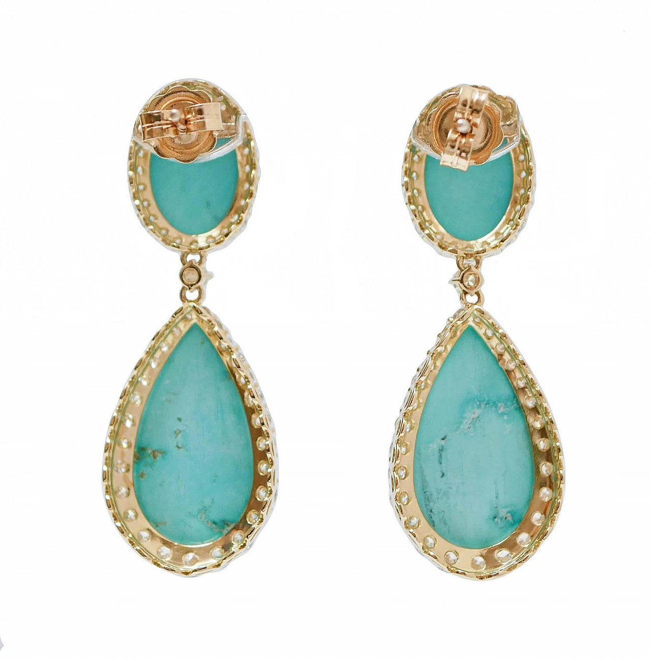 18K yellow gold earrings with turquoise and diamonds, 1970s 3