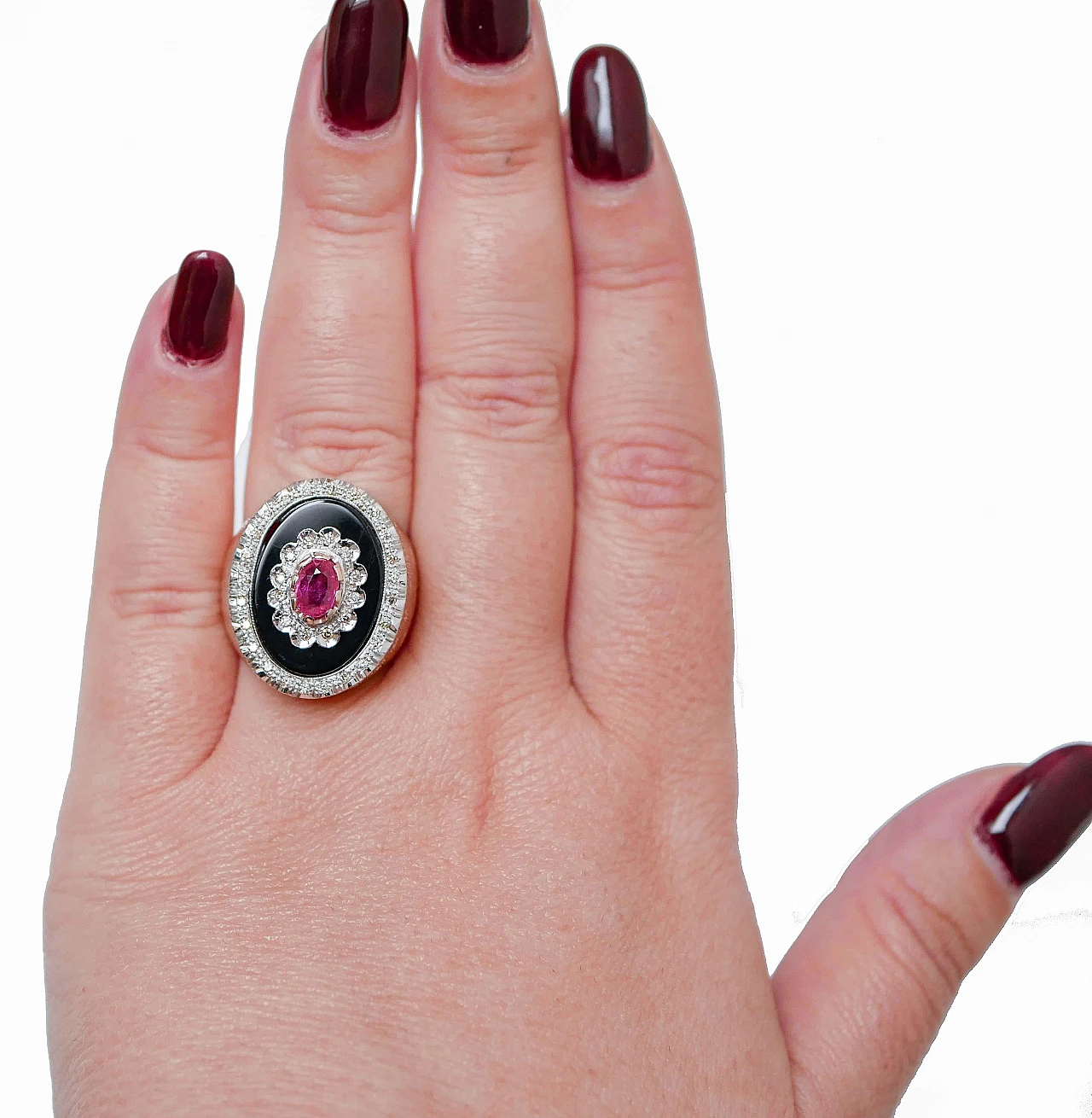 Retro ring with ruby, onyx, diamonds and pink gold, 1970s 4