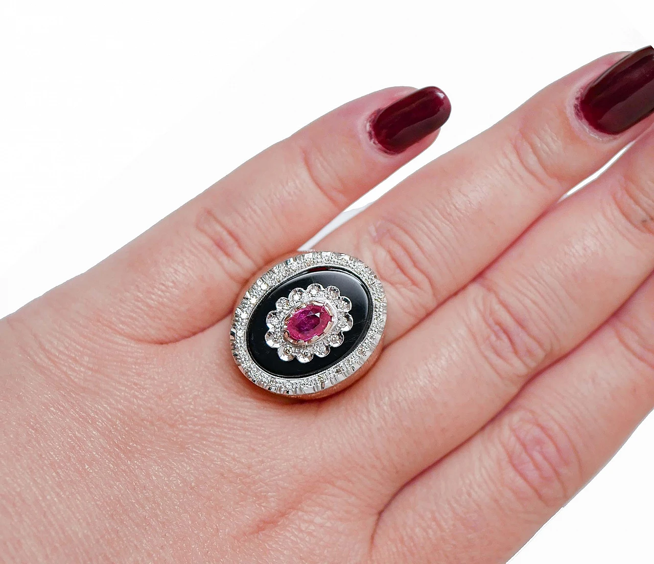 Retro ring with ruby, onyx, diamonds and pink gold, 1970s 5