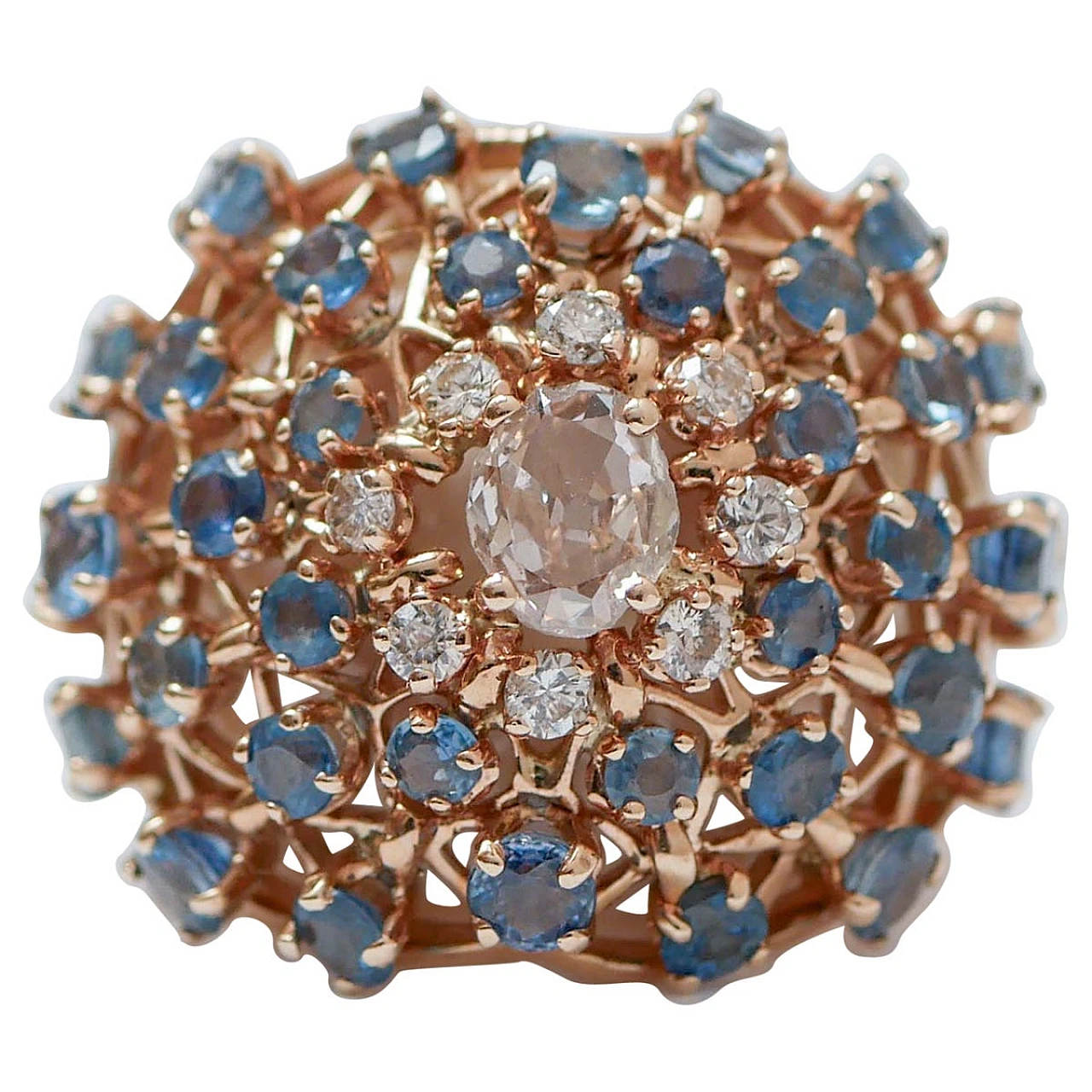 14K rose gold ring with white agate, sapphires and diamonds 1