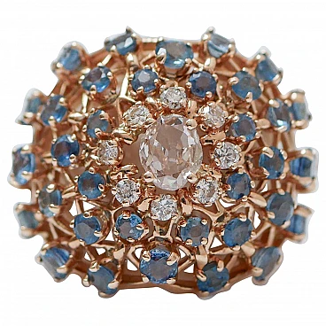 14K rose gold ring with white agate, sapphires and diamonds