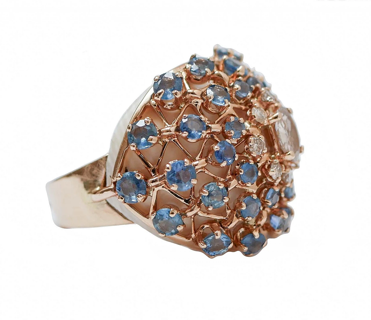 14K rose gold ring with white agate, sapphires and diamonds 2