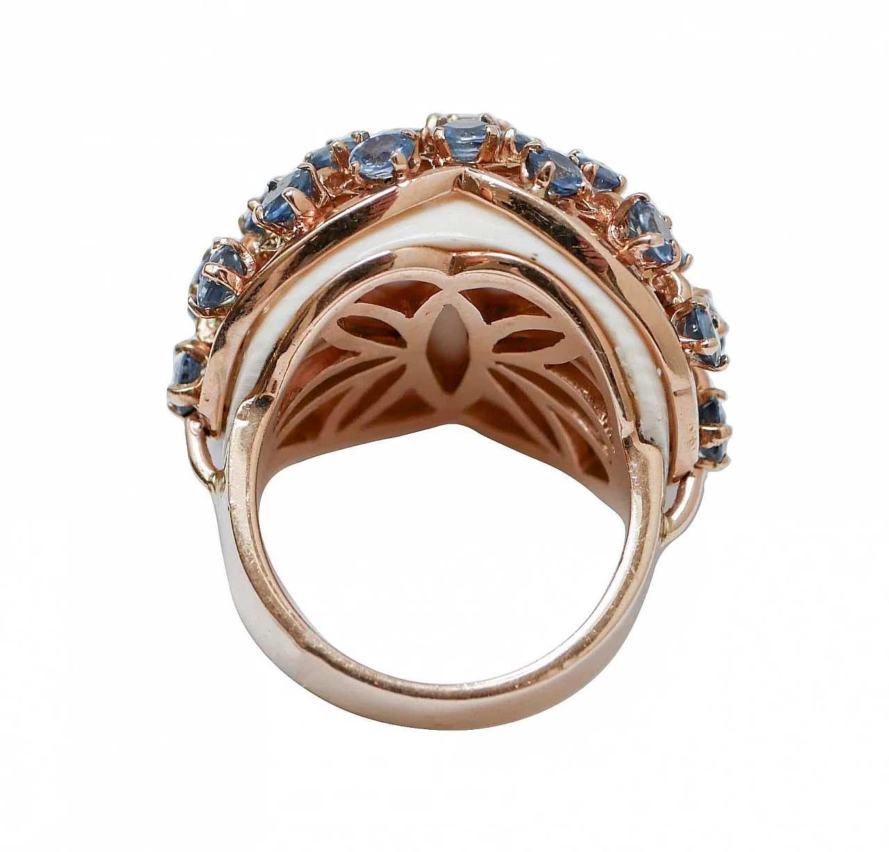 14K rose gold ring with white agate, sapphires and diamonds 3