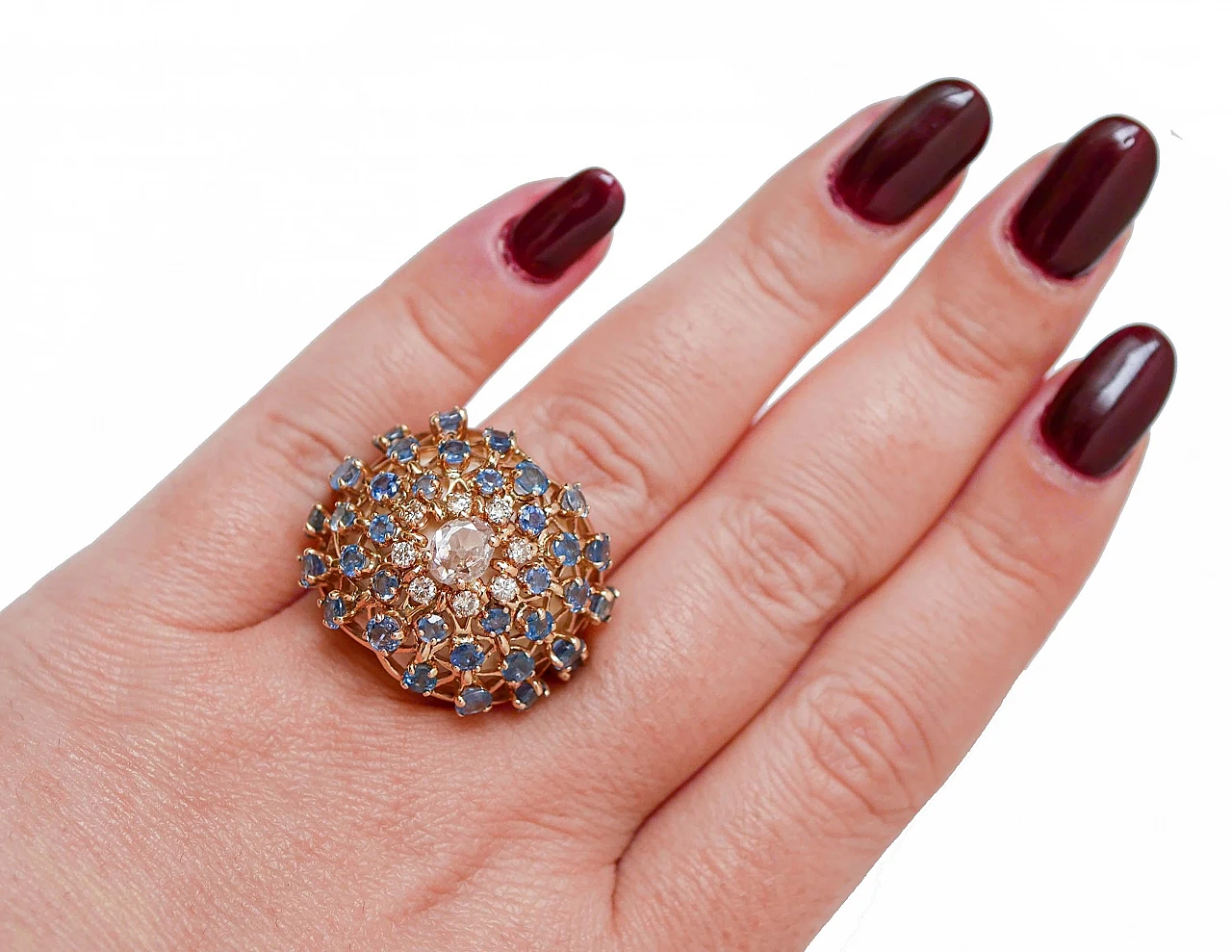 14K rose gold ring with white agate, sapphires and diamonds 5