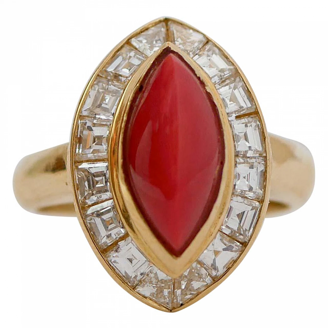 Coral ring with diamonds and 18K yellow gold, 1950s 1