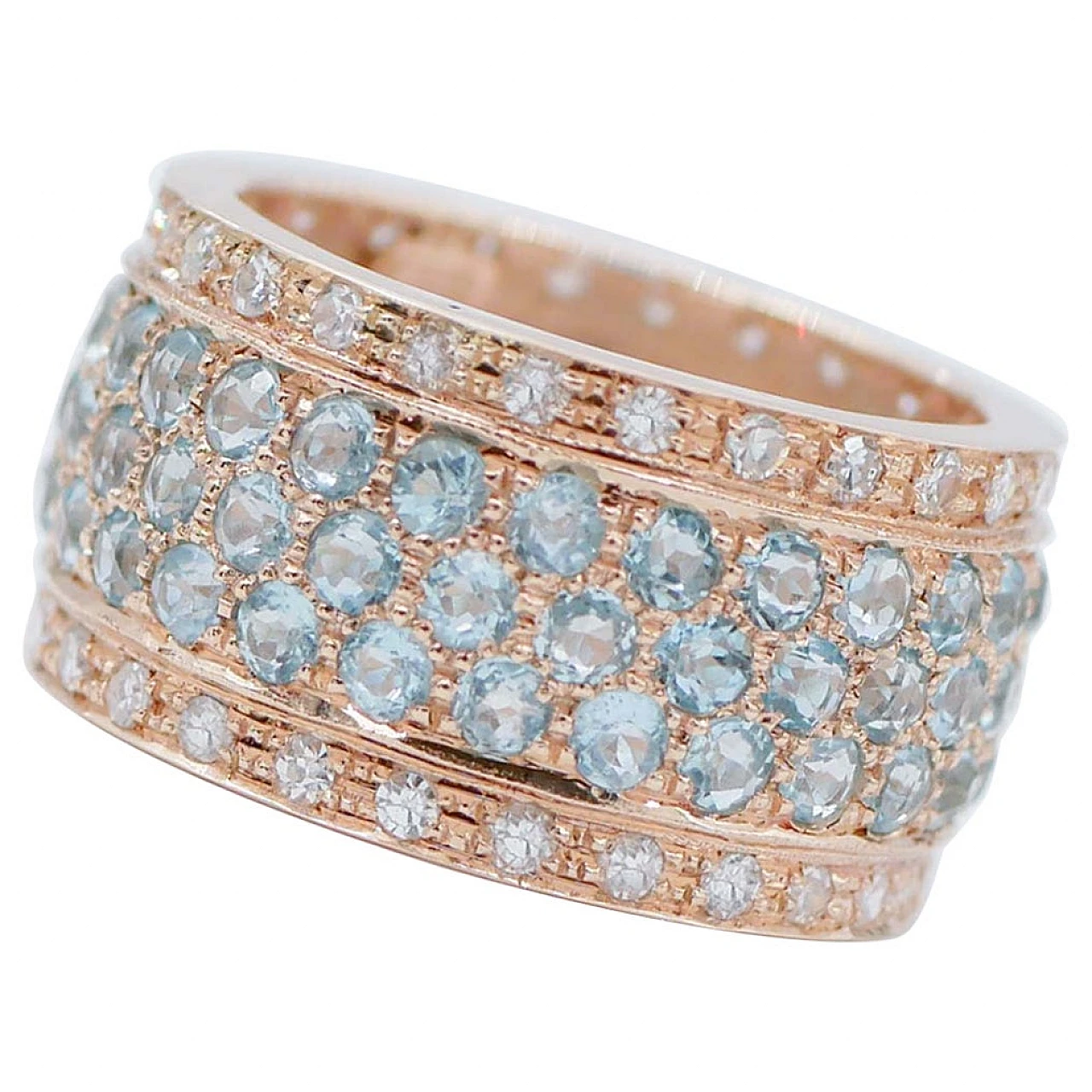 14 Karat rose gold band ring with acquamarines & diamonds 1