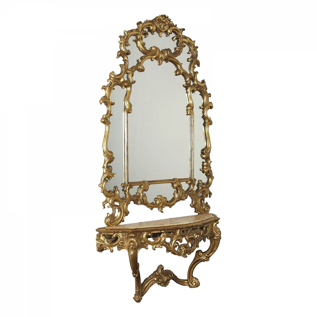 Console table in carved and gilt wood with mirror and marble top 1