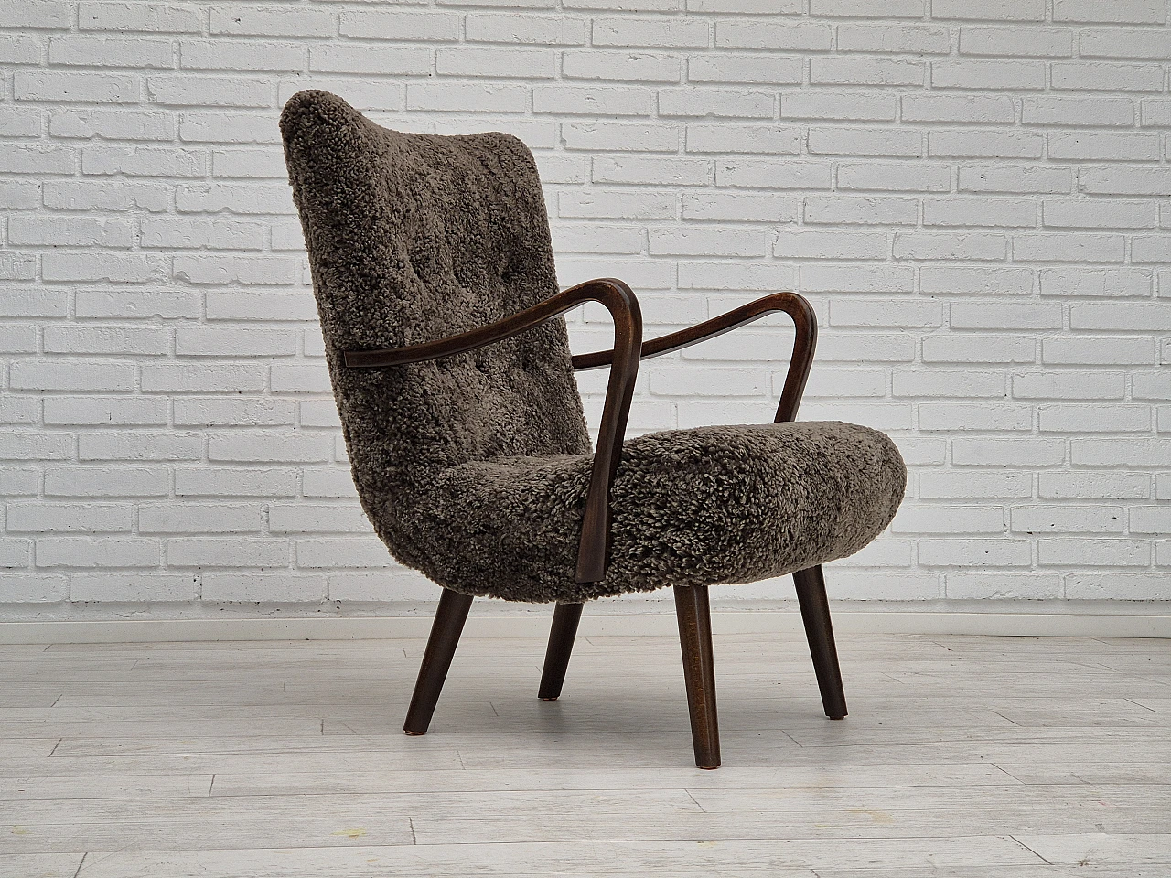 Danish beech and sheepskin Wellington armchair, 1960s 2