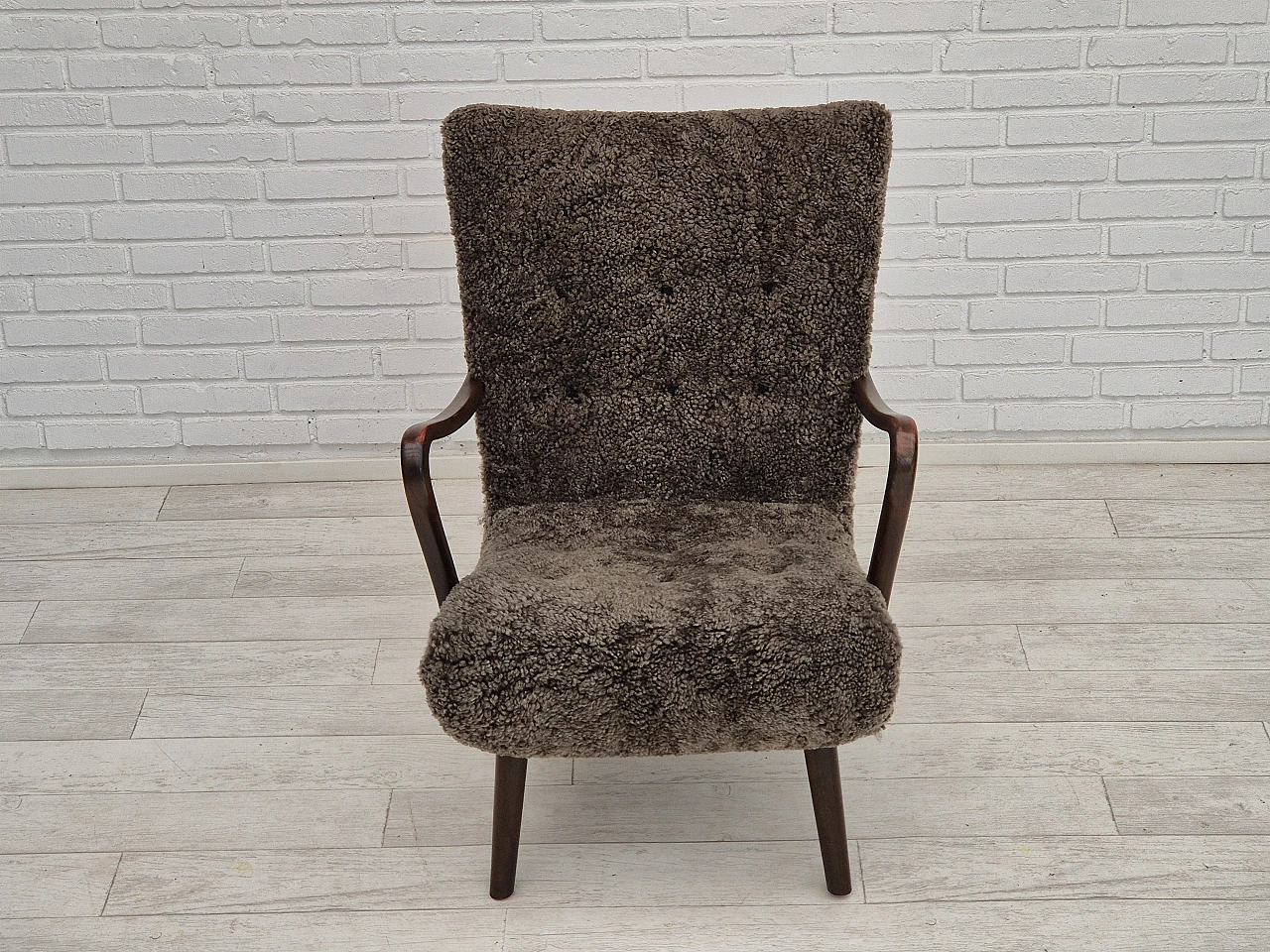 Danish beech and sheepskin Wellington armchair, 1960s 6