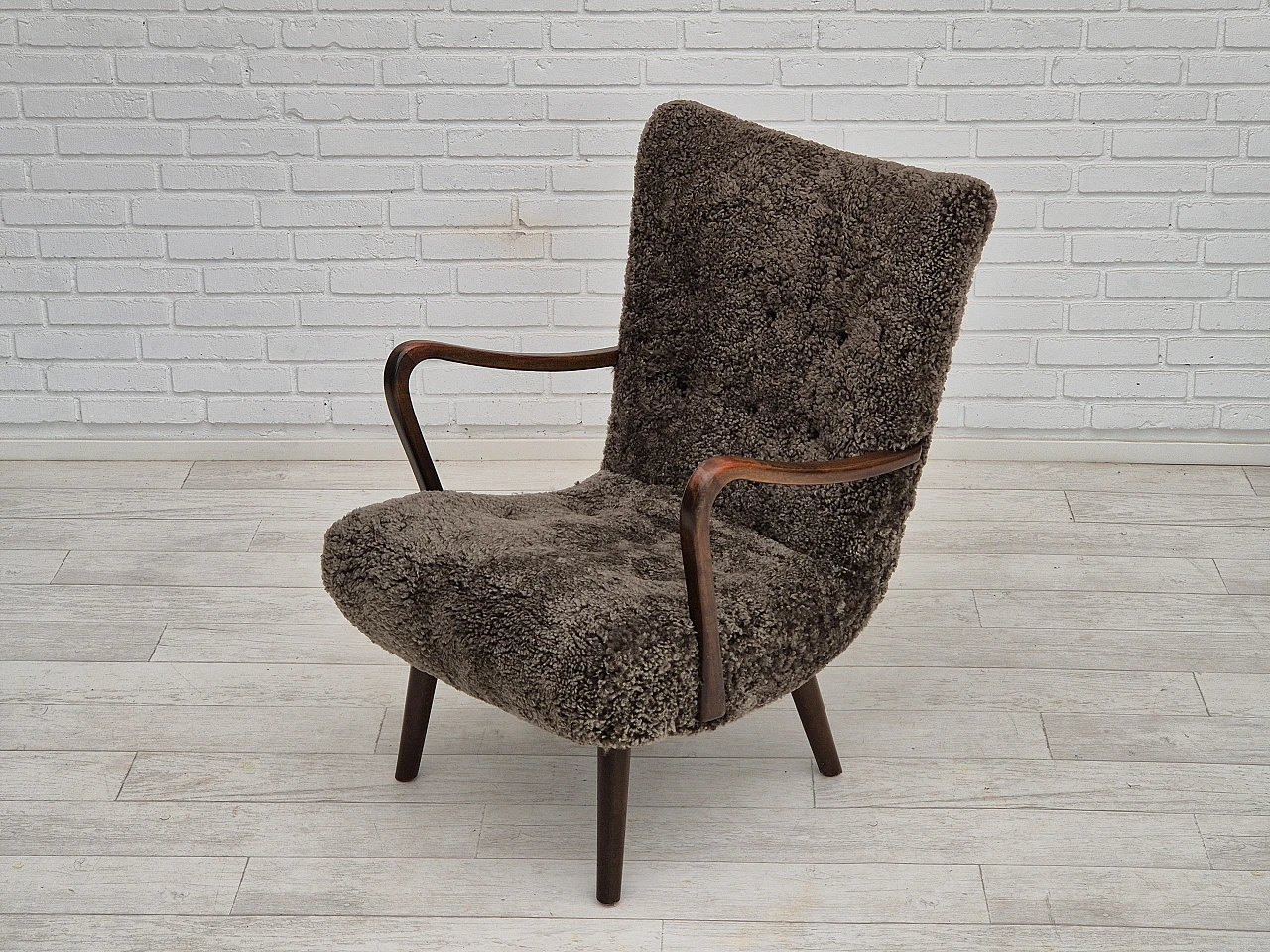 Danish beech and sheepskin Wellington armchair, 1960s 14