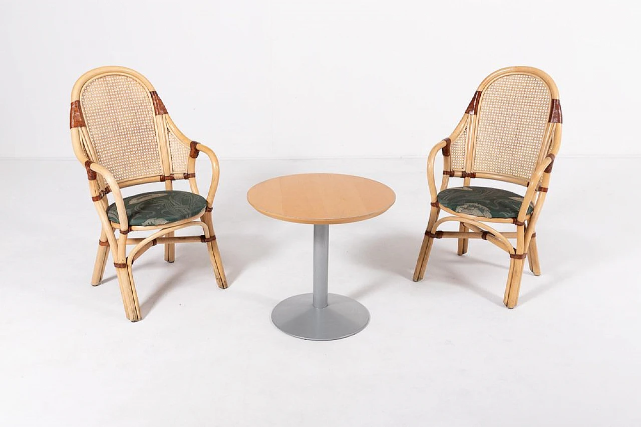 Rattan & bamboo chairs with leather details and table, 1970s 1