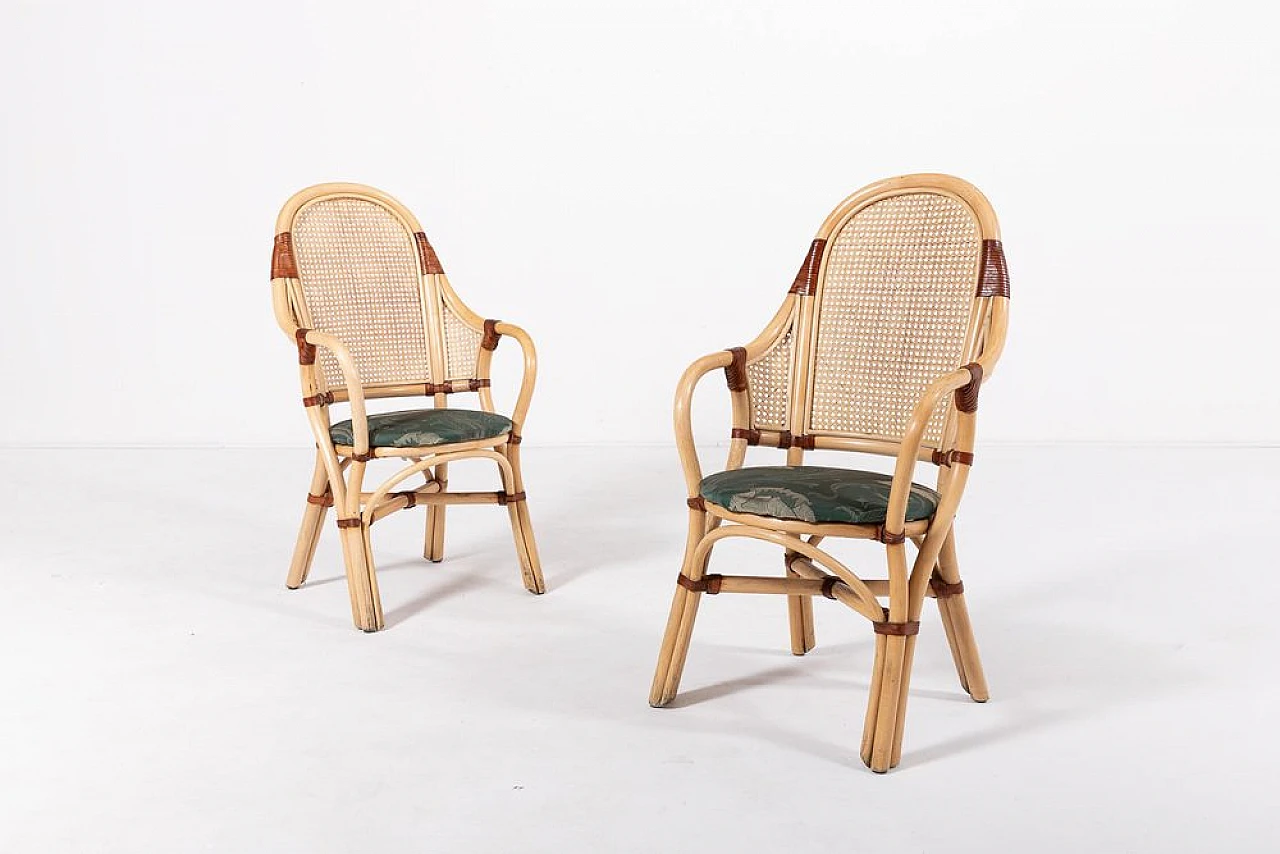 Rattan & bamboo chairs with leather details and table, 1970s 2