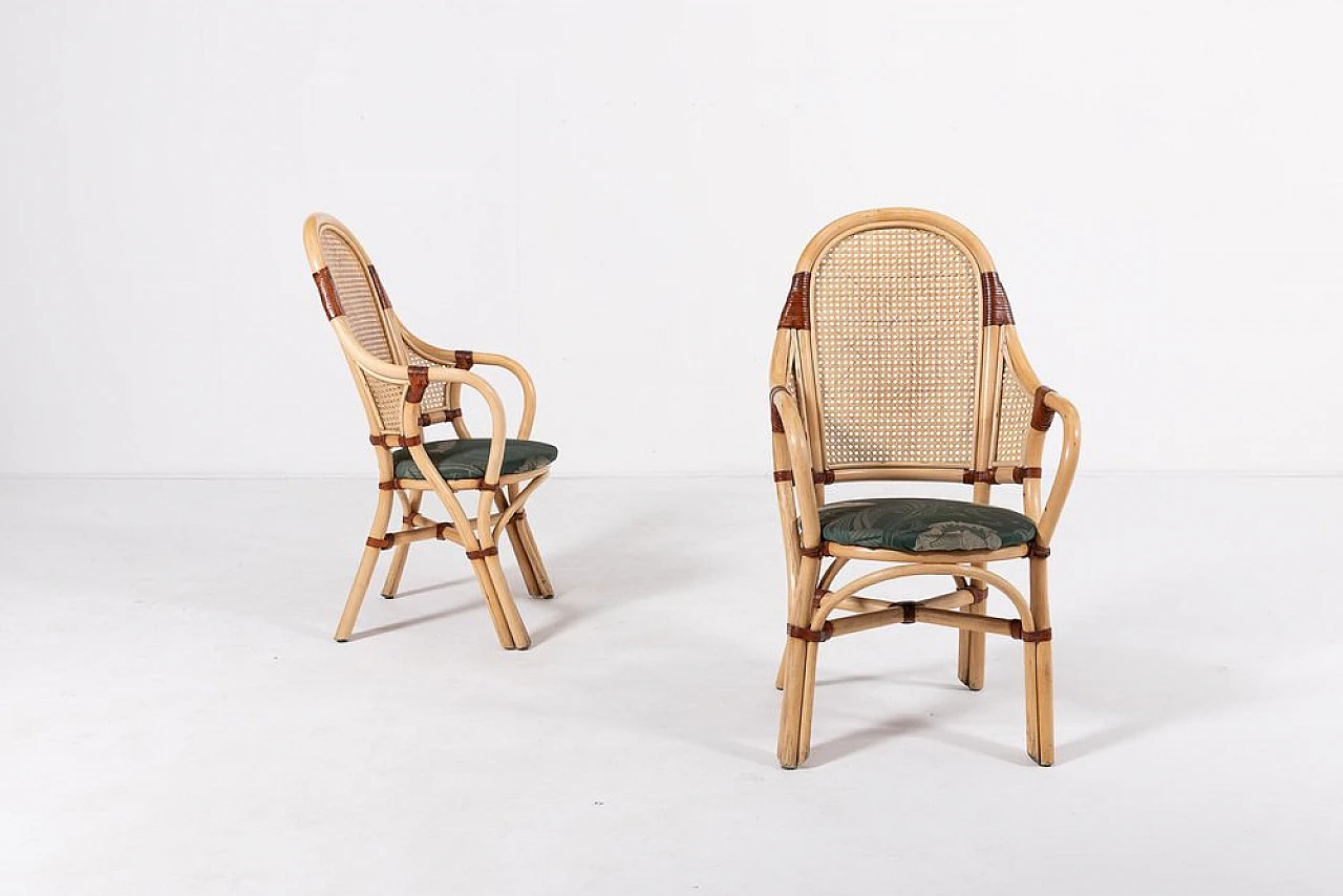 Rattan & bamboo chairs with leather details and table, 1970s 3