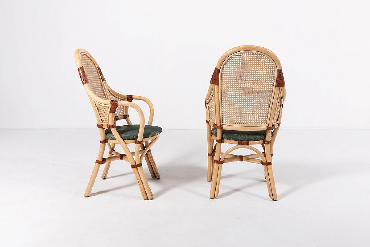 Rattan & bamboo chairs with leather details and table, 1970s 4