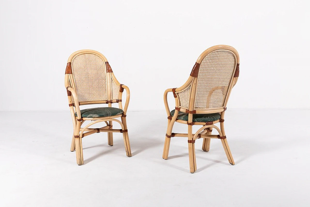 Rattan & bamboo chairs with leather details and table, 1970s 5