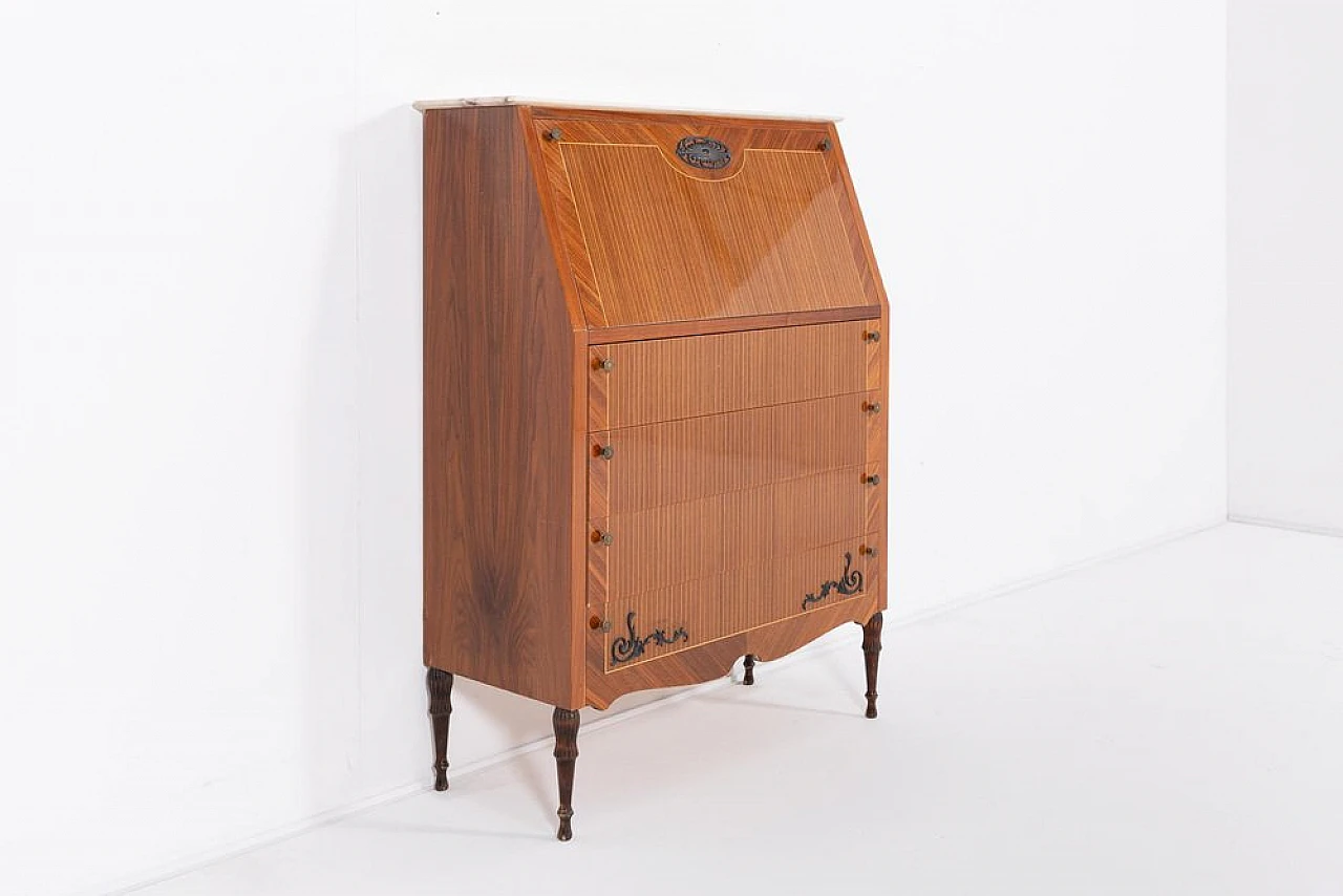 Wood, marble and brass dresser with drawers by Martineli, 1950s 1