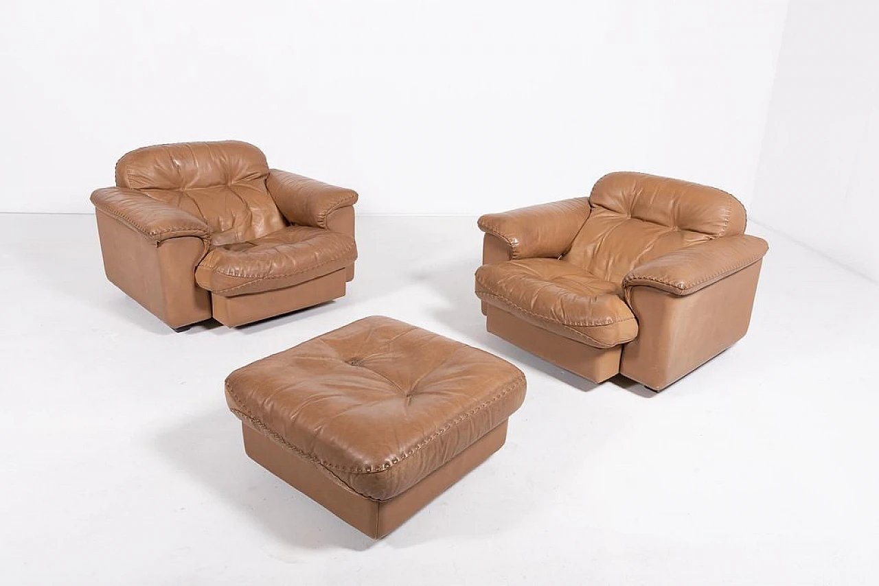 Pair of Ds 101 leather armchairs with pouf by de Sede, 1970s 1