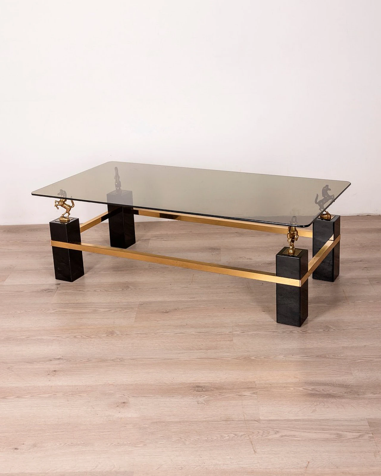 Glass and brass coffee table with horses by Maison Charles, 1970s 1