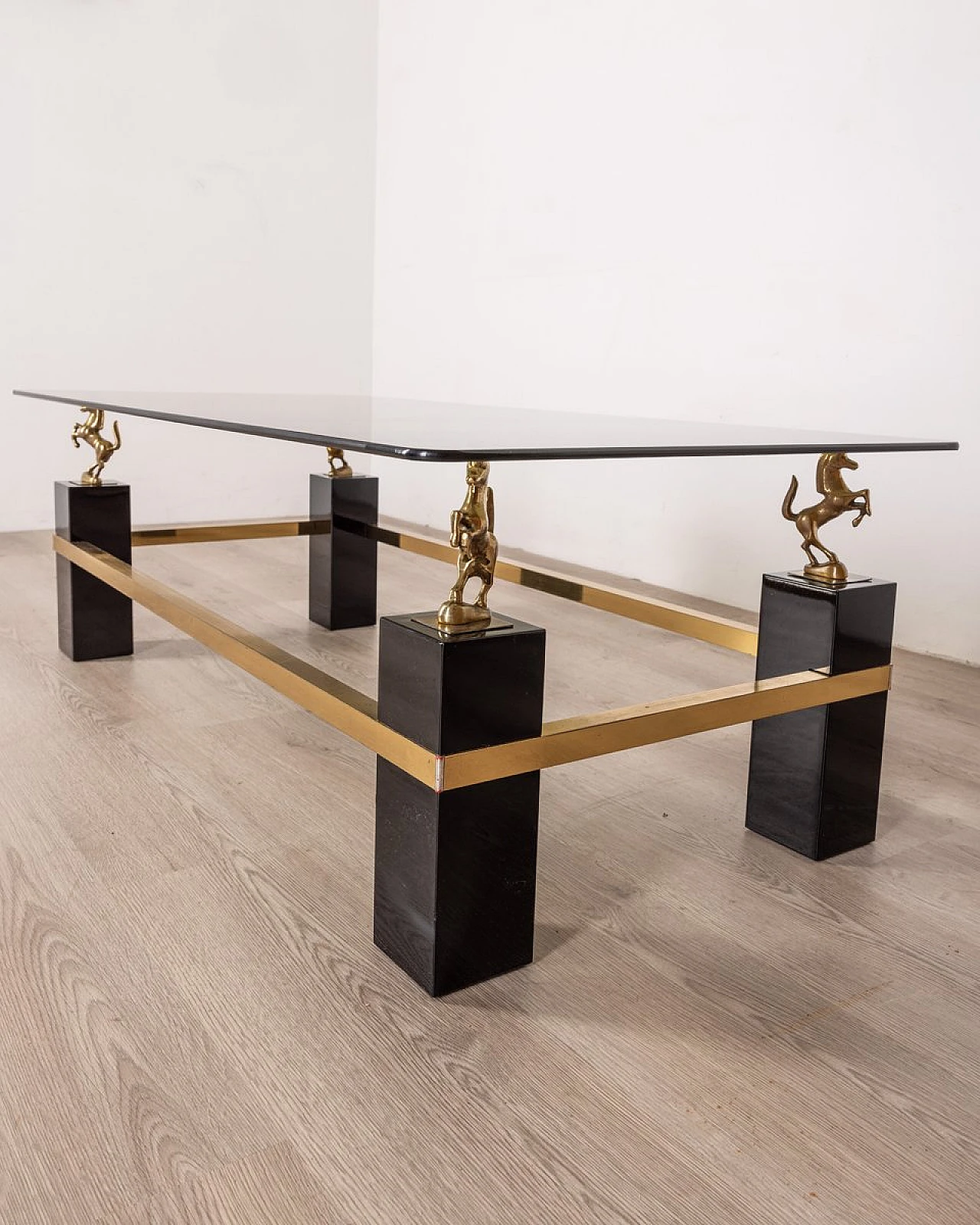 Glass and brass coffee table with horses by Maison Charles, 1970s 2