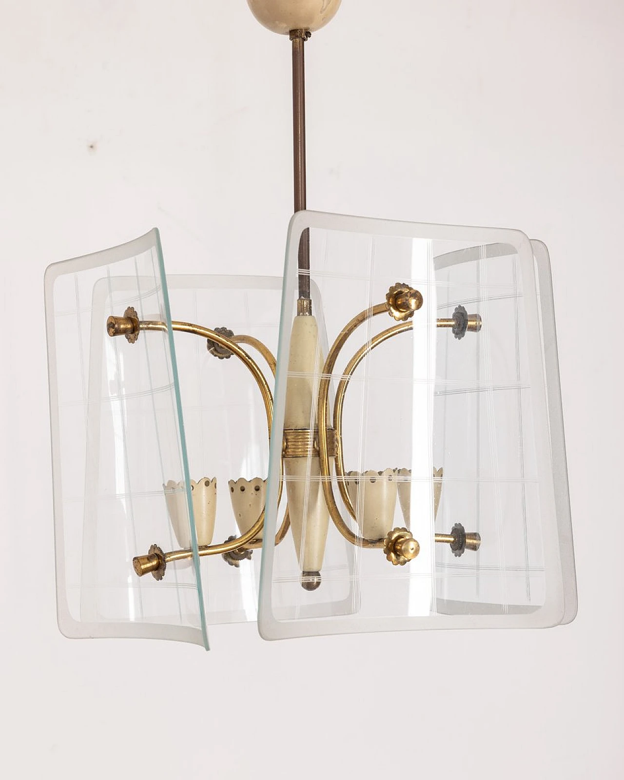 Brass and decorated glass pendant lamp, 1950s 1