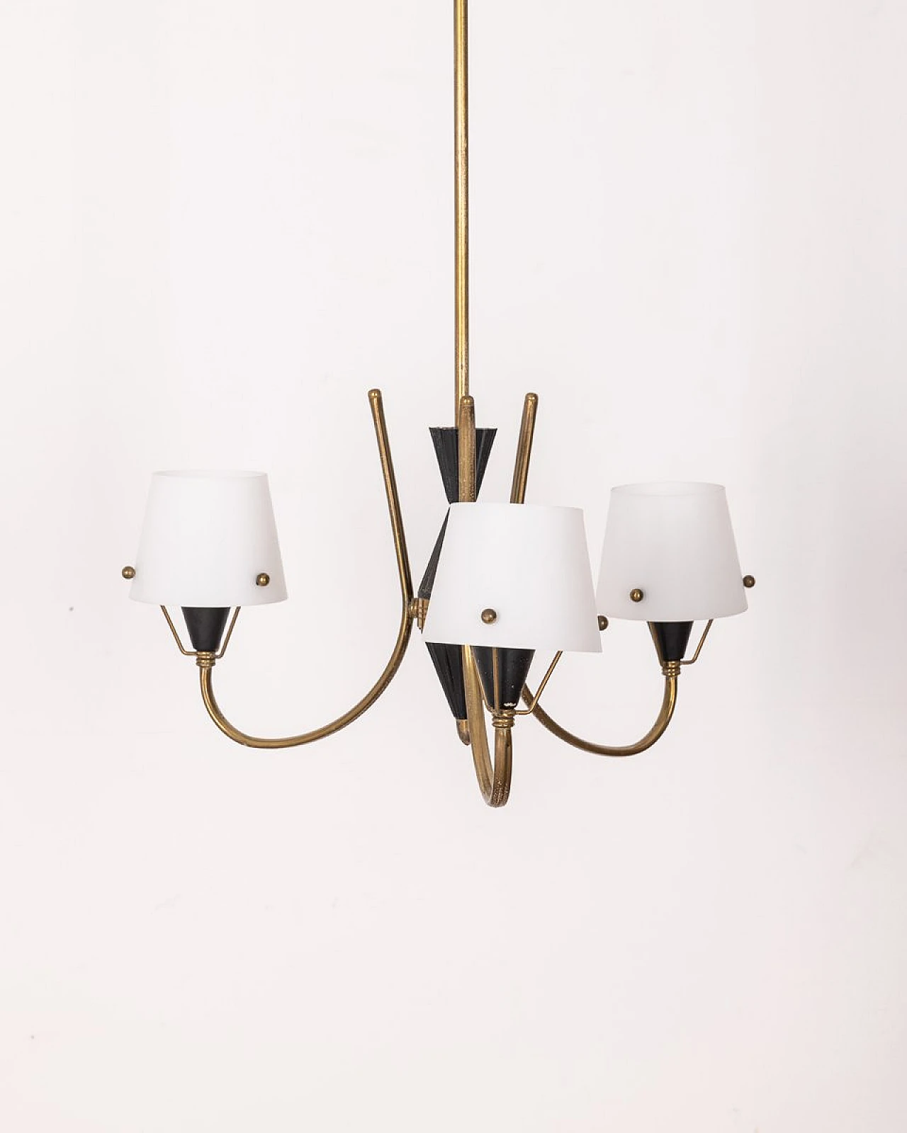 Three-light chandelier in glass, metal and brass, 1950s 3