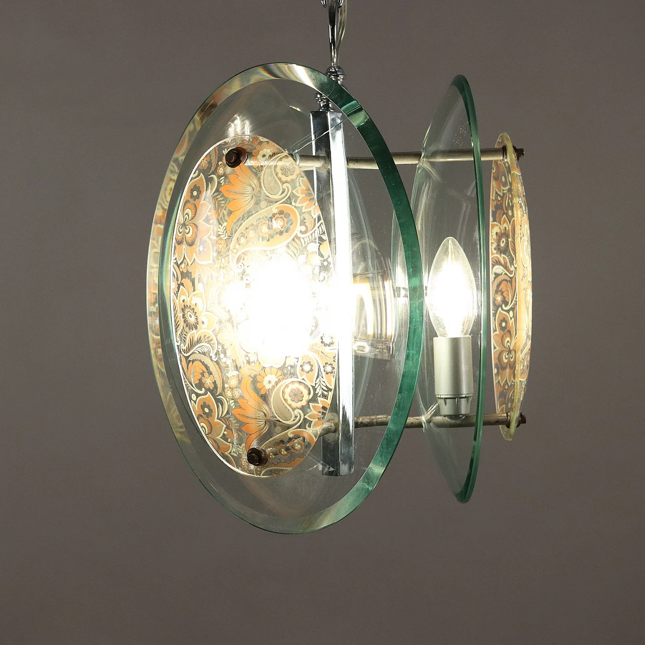 Lampadario in metallo cromato e vetro trasparente decorato, anni '60 3